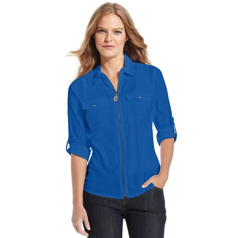 michael kors rolled sleeve zip front shirt dress royal blue|Michael michael kors roll tab shirt dress + FREE SHIPPING.